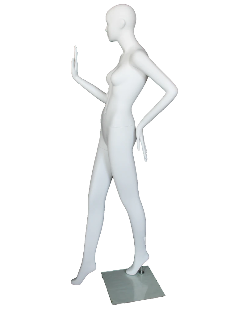 Forward-step bent-arm abstract female mannequin in matte white, front view
