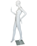Forward-step bent-arm abstract female mannequin in matte white, front view