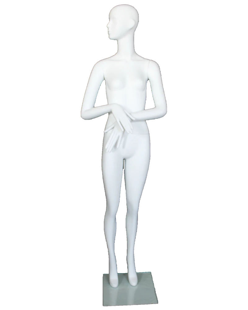 Side-glance abstract female mannequin in matte white, front view