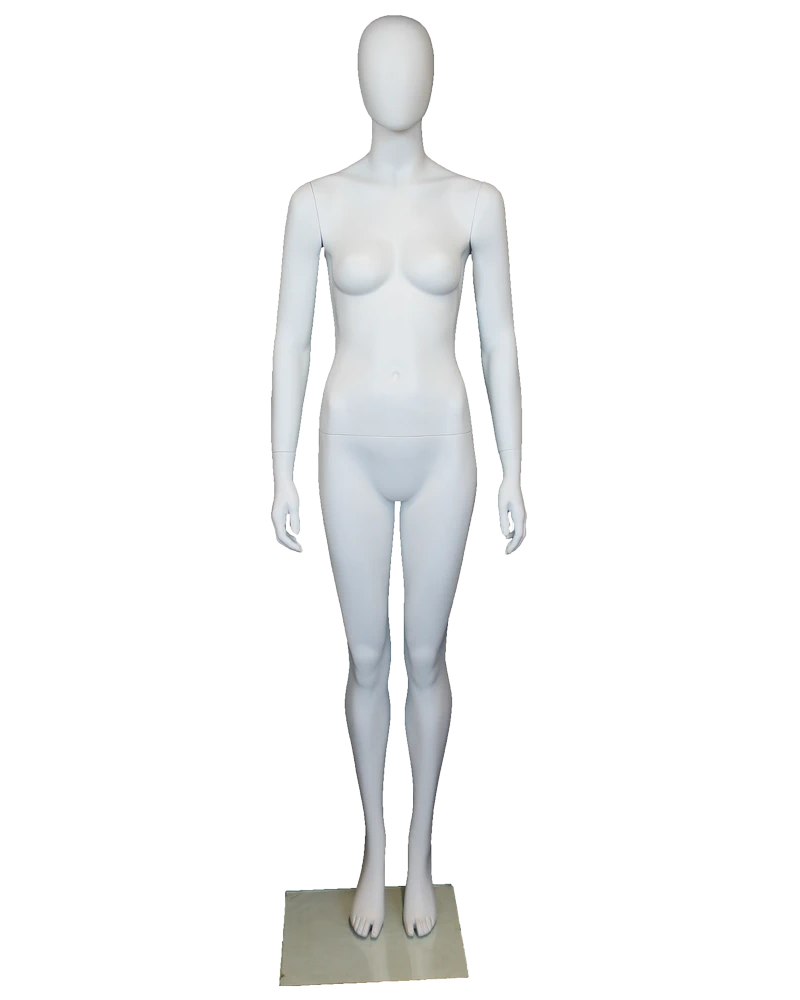 Classic standing egghead female mannequin in matte white, front view