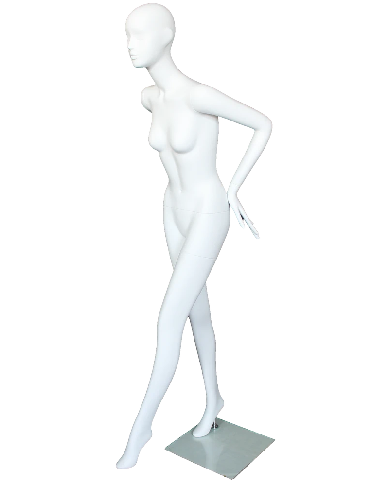 Hand-on-waist abstract female mannequin in matte white, front view