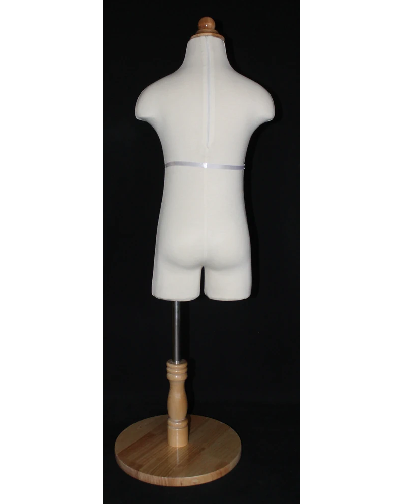 6-7 year child dress form in cream white jersey with round wooden base, KID-KF5