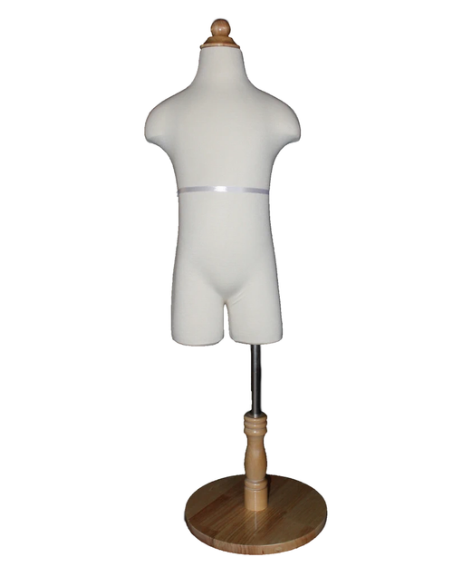 6-7 year child dress form in cream white jersey with round wooden base, KID-KF5