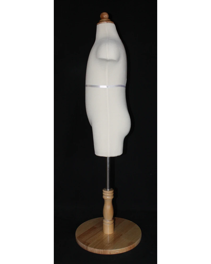 6-7 year child dress form in cream white jersey with round wooden base, KID-KF5