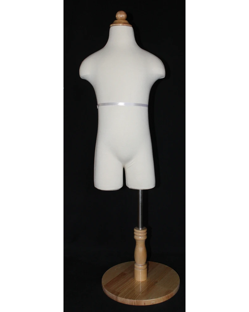 6-7 year child dress form in cream white jersey with round wooden base, KID-KF5
