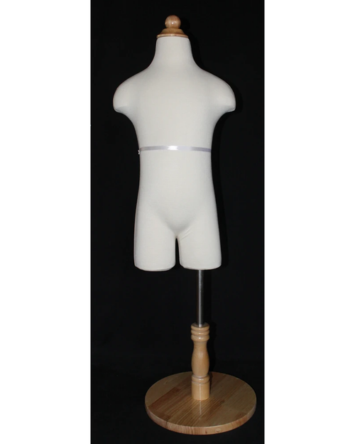 6-7 year child dress form in cream white jersey with round wooden base, KID-KF5