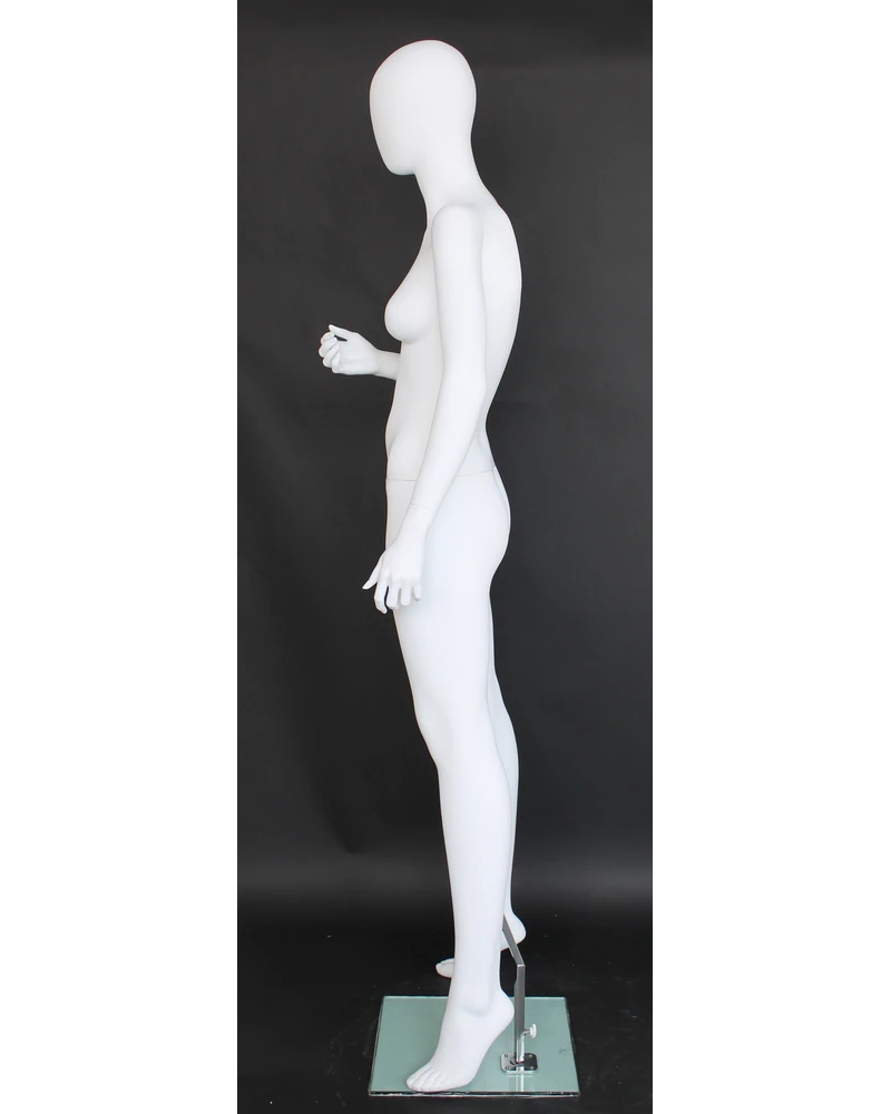 Raised-right-arm egghead female mannequin in matte white