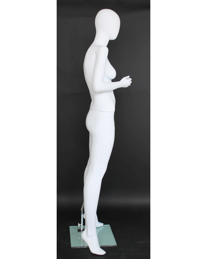 Raised-right-arm egghead female mannequin in matte white