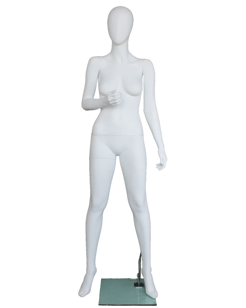 Raised-right-arm egghead female mannequin in matte white, front view