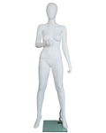 Raised-right-arm egghead female mannequin in matte white, front view