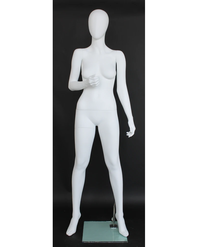 Raised-right-arm egghead female mannequin in matte white