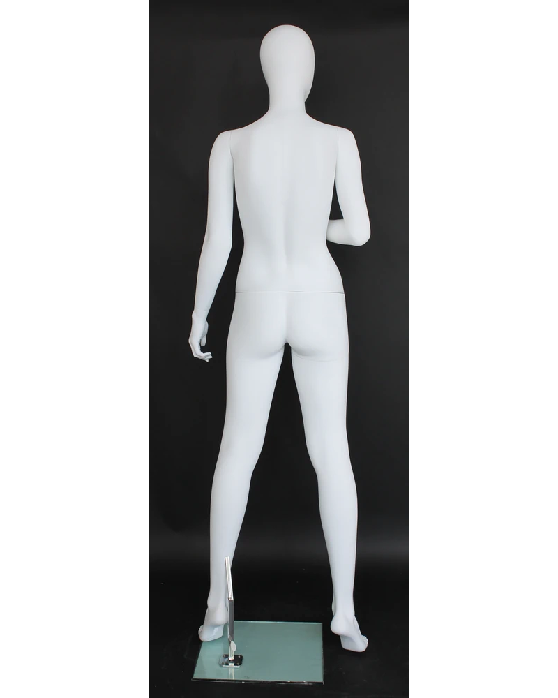 Raised-right-arm egghead female mannequin in matte white