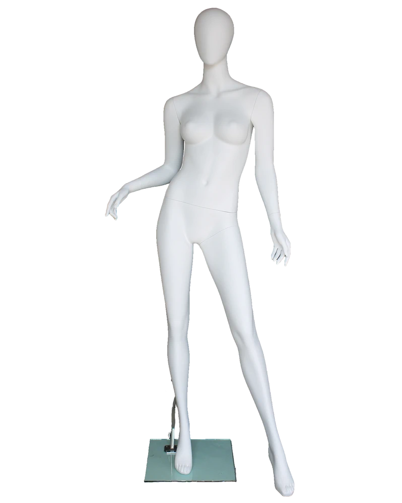 Runway-walk egghead female mannequin in matte white, front view