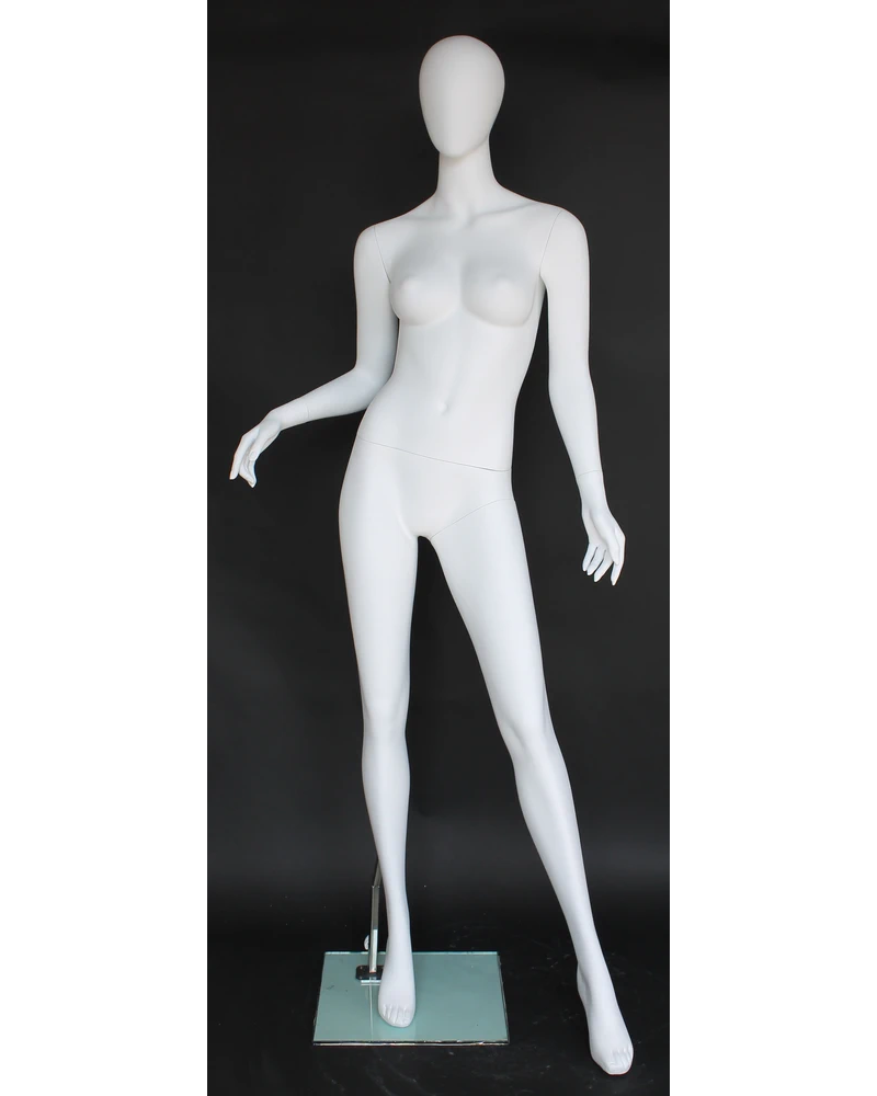 Runway-walk egghead female mannequin in matte white