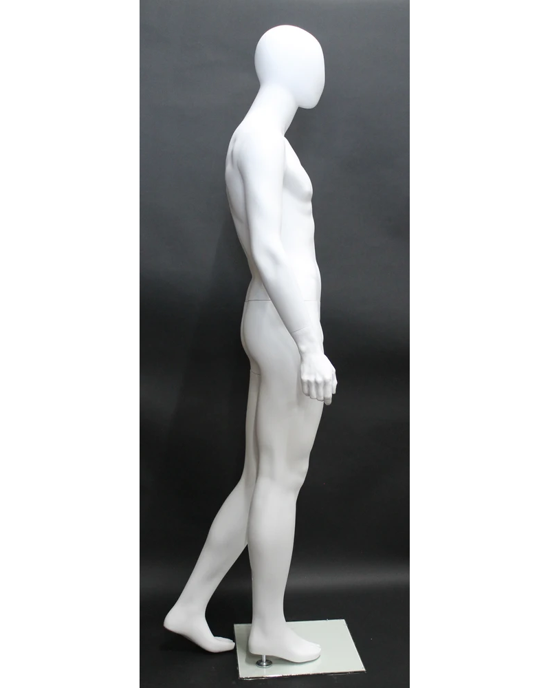 Dynamic walking-pose egghead male mannequin in matte white, SFM43E-WT