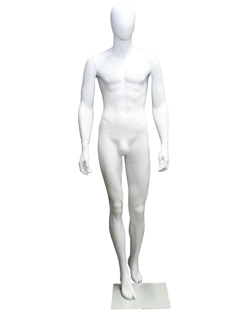 Dynamic walking-pose egghead male mannequin in matte white, SFM43E-WT