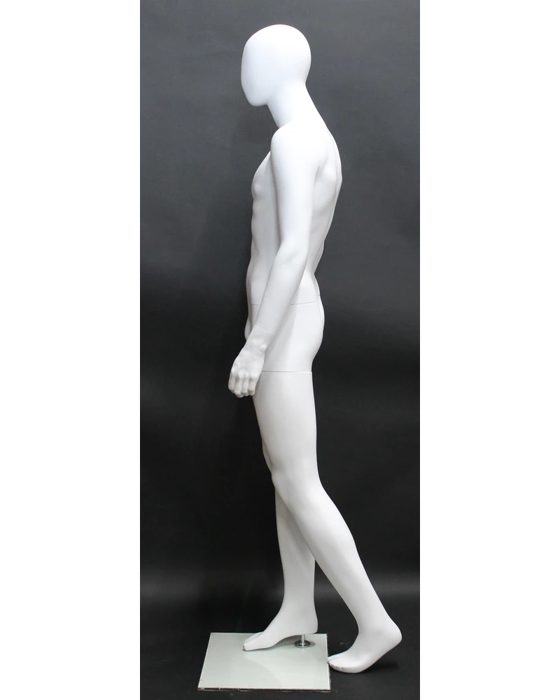 Dynamic walking-pose egghead male mannequin in matte white, SFM43E-WT