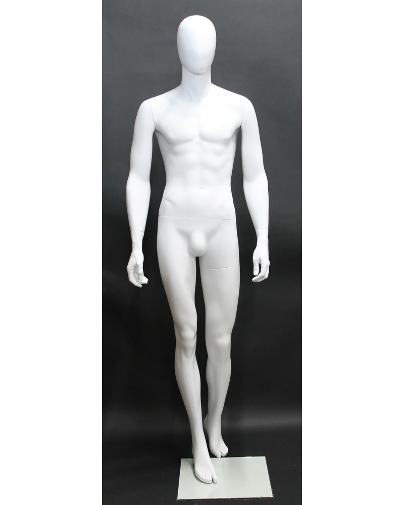 Dynamic walking-pose egghead male mannequin in matte white, SFM43E-WT