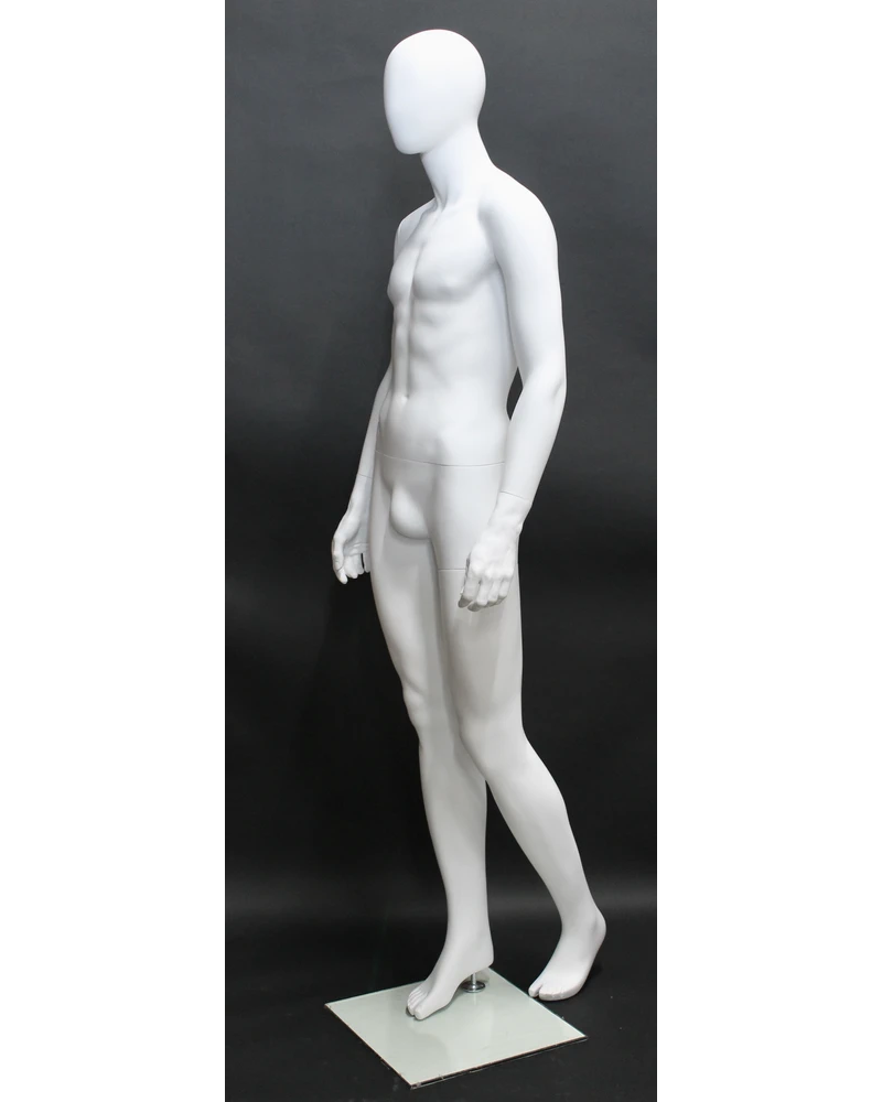 Dynamic walking-pose egghead male mannequin in matte white, SFM43E-WT