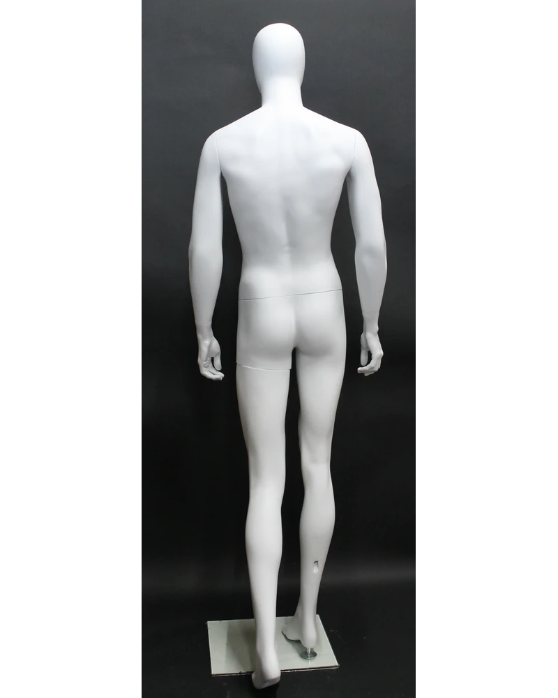Dynamic walking-pose egghead male mannequin in matte white, SFM43E-WT