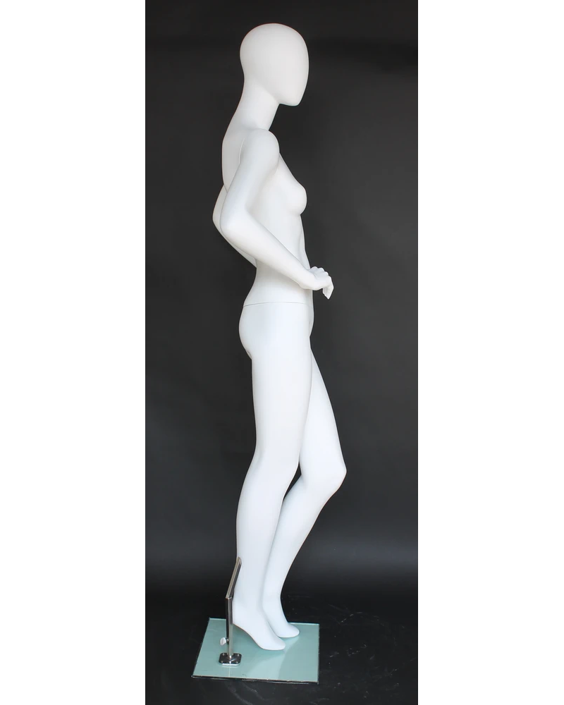 Hands-on-hips crossed-leg egghead female mannequin in matte white
