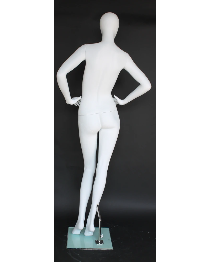 Hands-on-hips crossed-leg egghead female mannequin in matte white