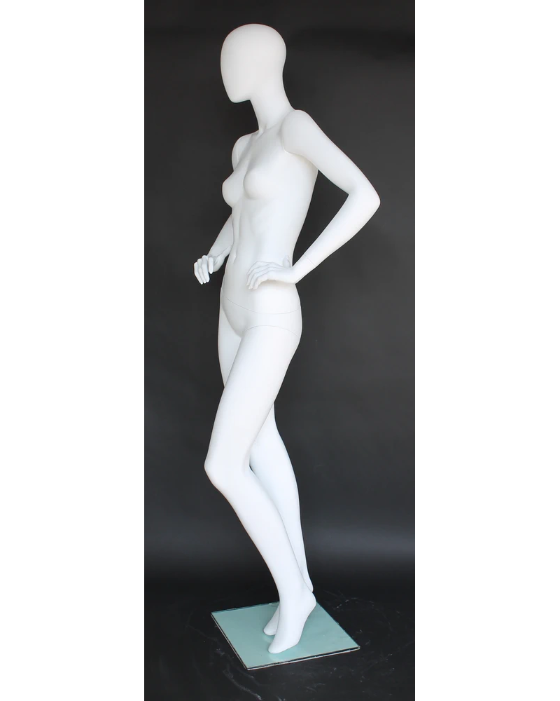 Hands-on-hips crossed-leg egghead female mannequin in matte white