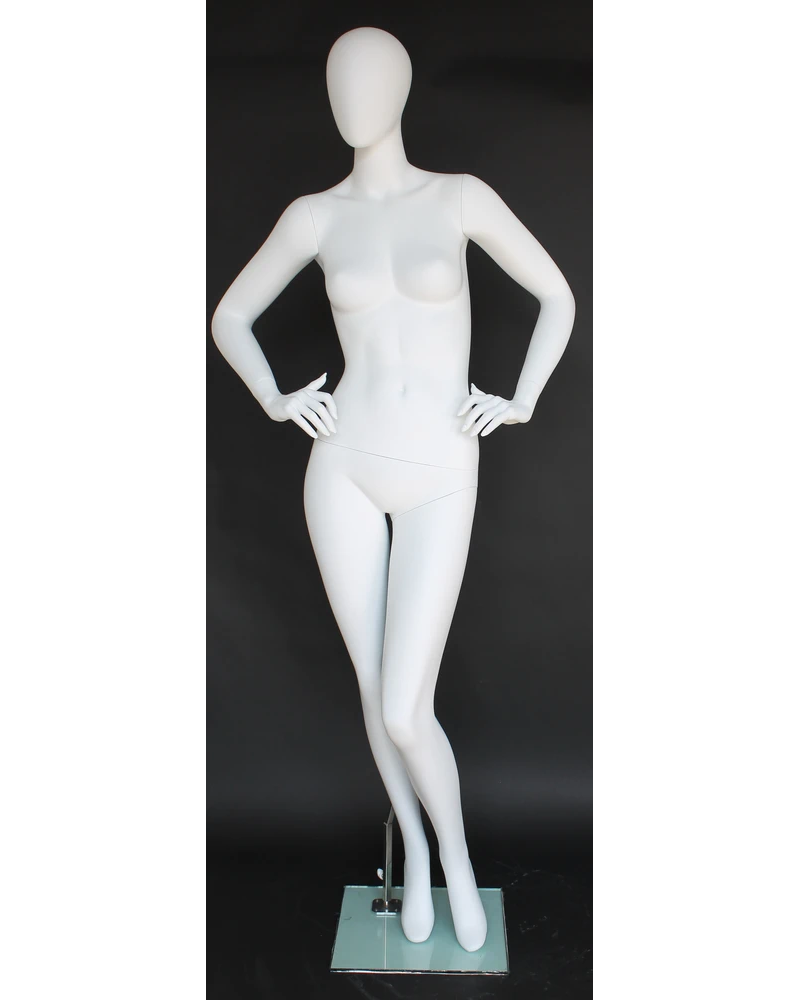 Hands-on-hips crossed-leg egghead female mannequin in matte white
