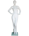 Hands-on-hips crossed-leg egghead female mannequin in matte white, front view