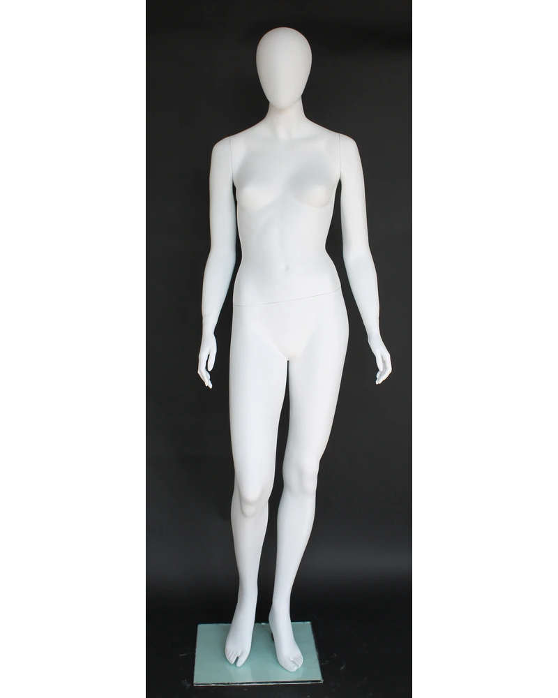 Walking-stride egghead female mannequin in matte white
