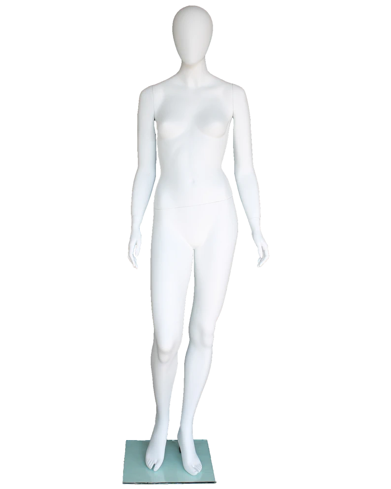 Walking-stride egghead female mannequin in matte white, front view