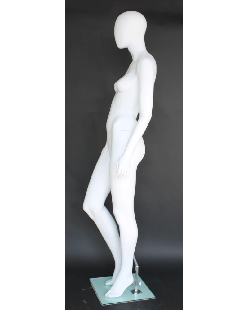 Walking-stride egghead female mannequin in matte white