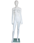 Walking-pose egghead female mannequin in matte white, front view