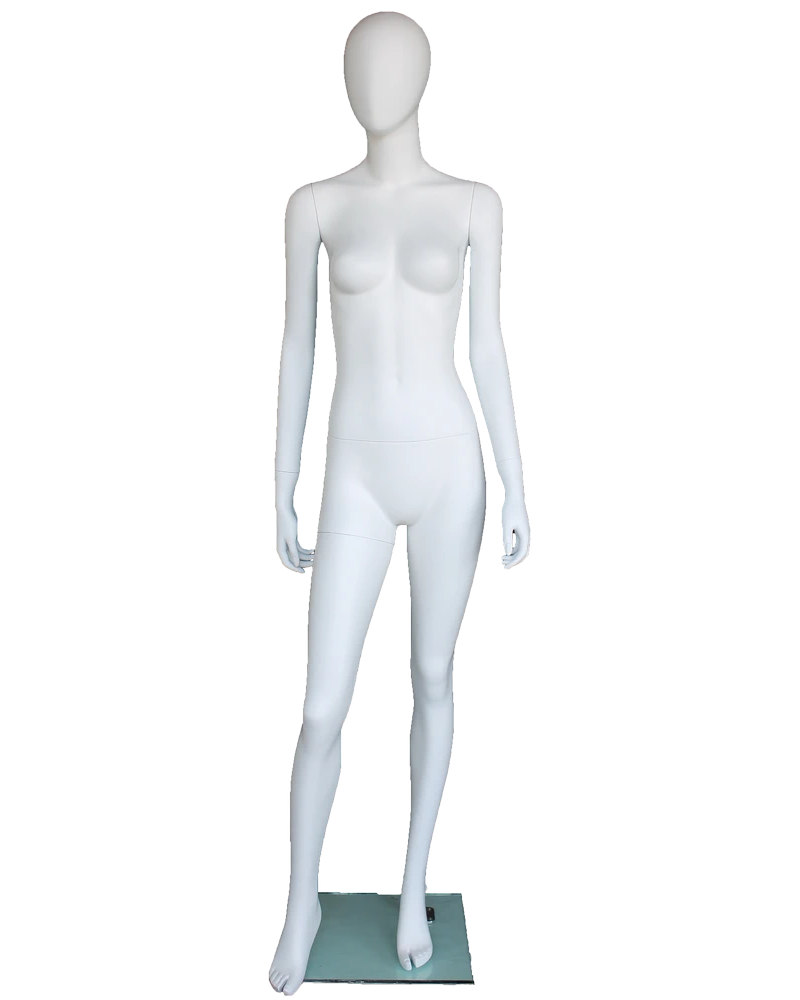 Walking-pose egghead female mannequin in matte white, front view