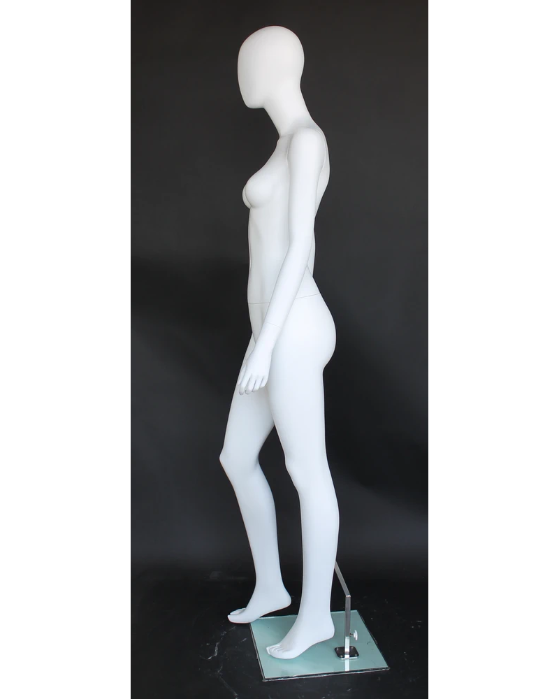 Walking-pose egghead female mannequin in matte white