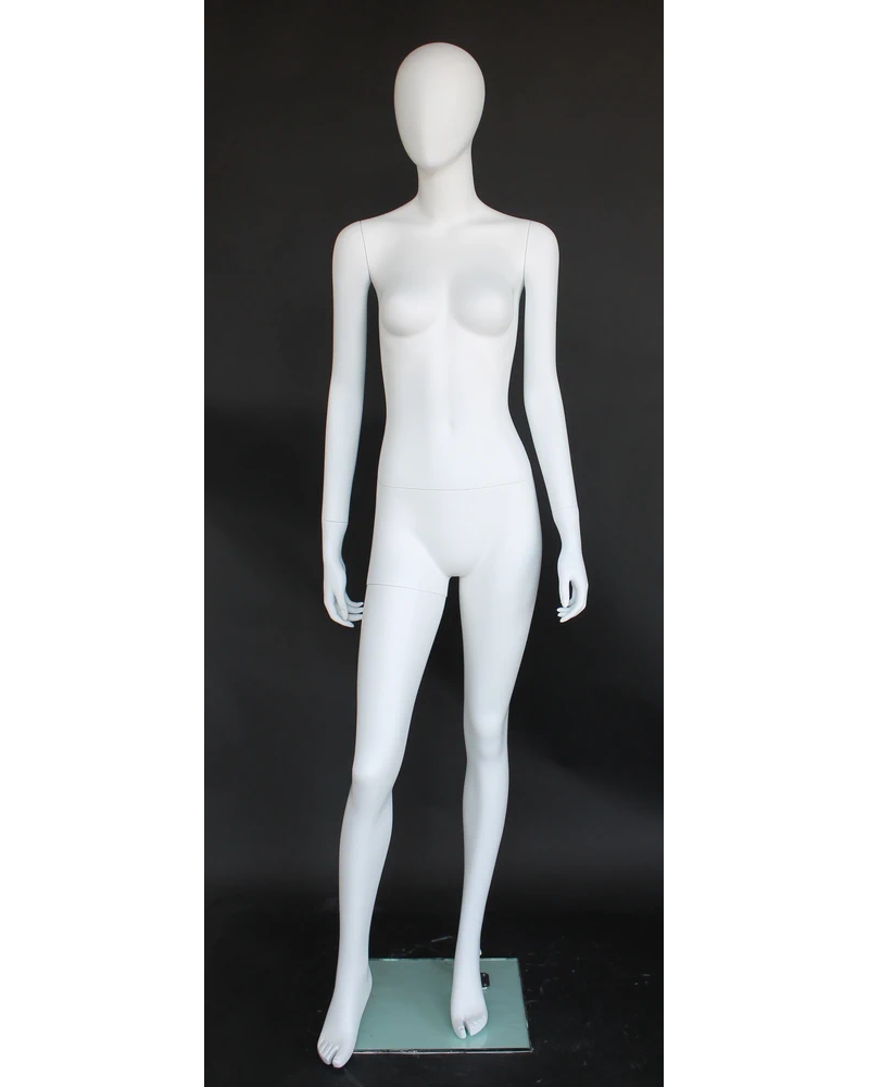 Walking-pose egghead female mannequin in matte white
