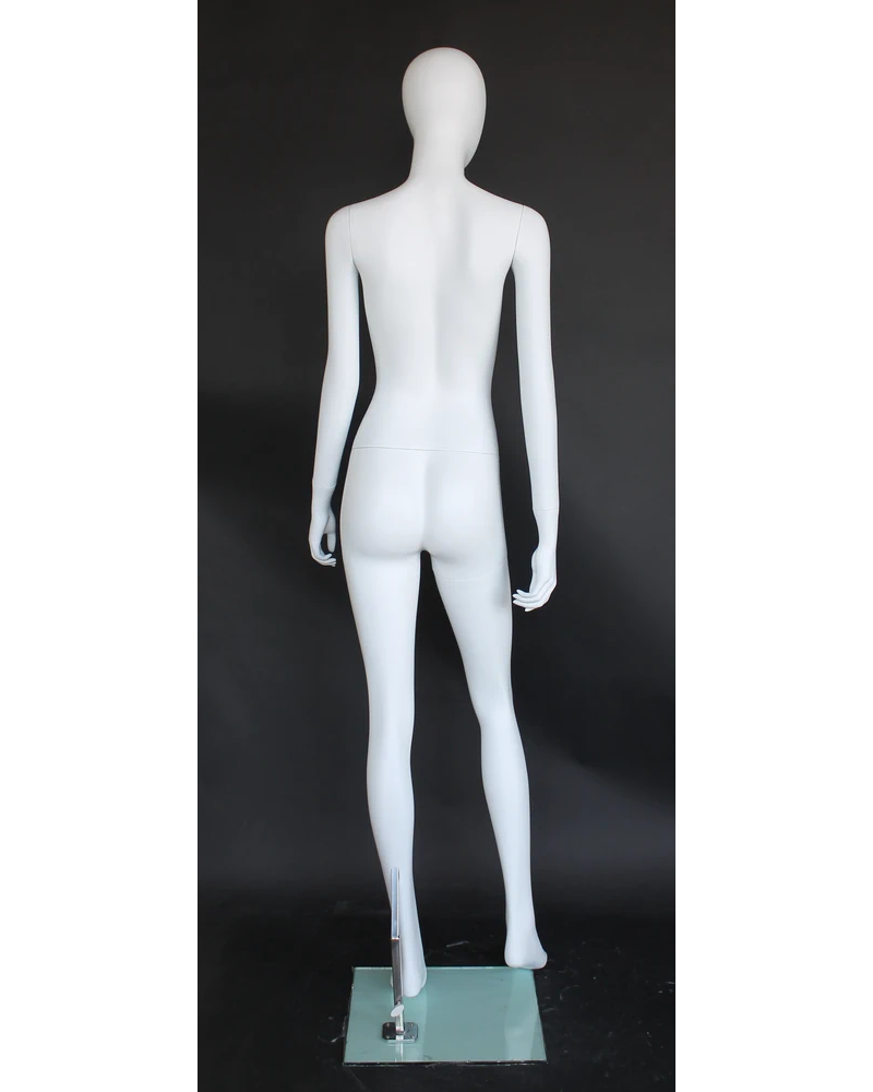 Walking-pose egghead female mannequin in matte white