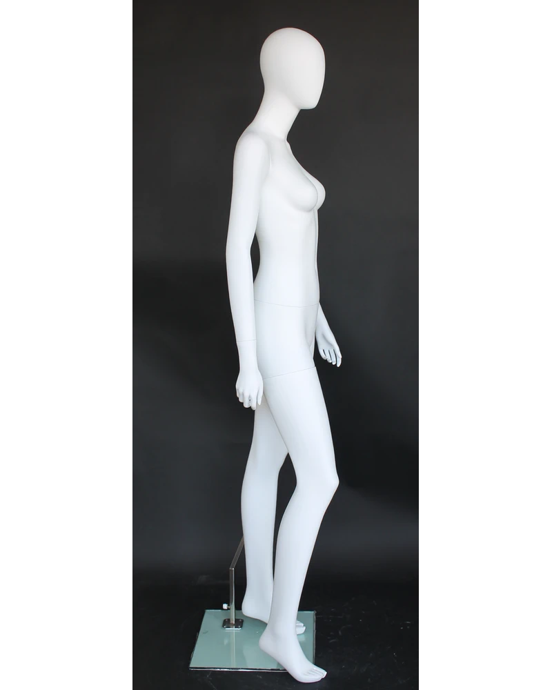 Walking-pose egghead female mannequin in matte white