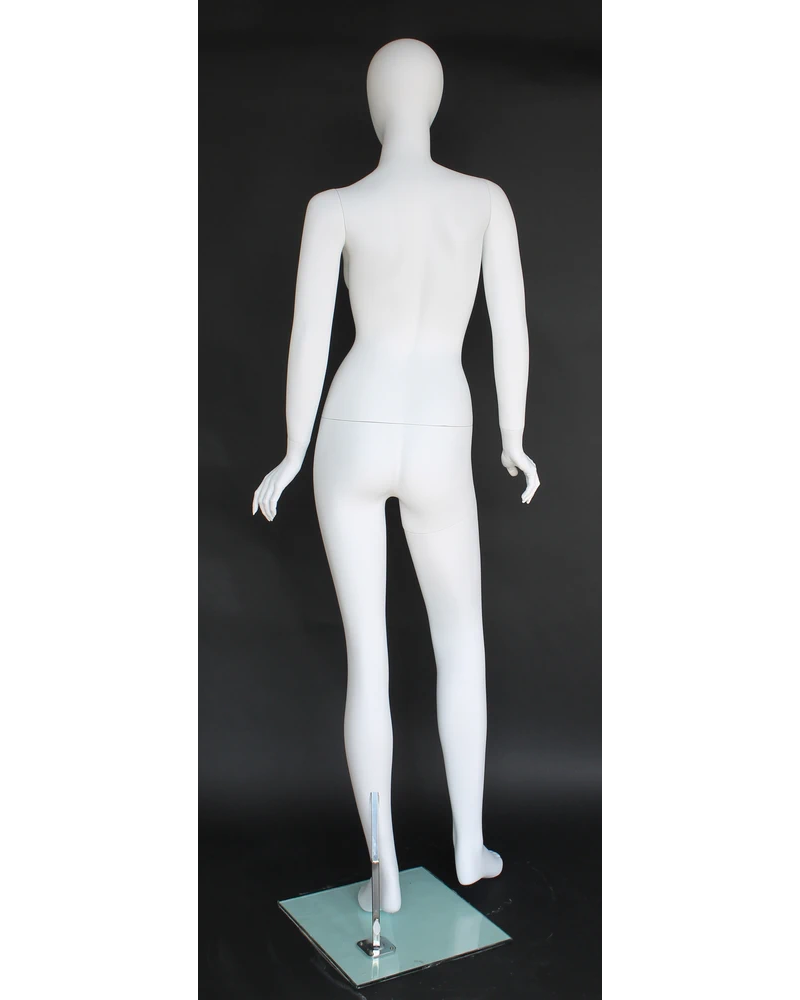 Open-arm leaning egghead female mannequin in matte white