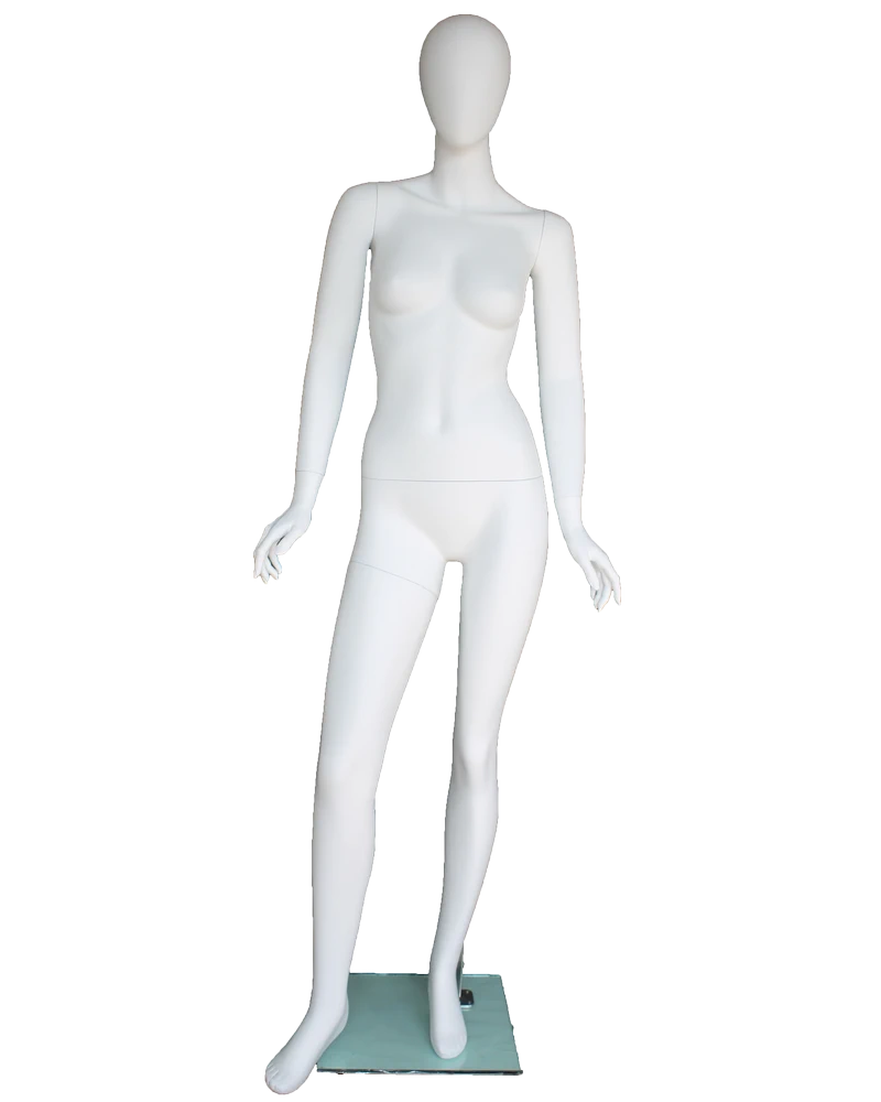 Open-arm leaning egghead female mannequin in matte white, front view