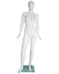 Open-arm leaning egghead female mannequin in matte white, front view