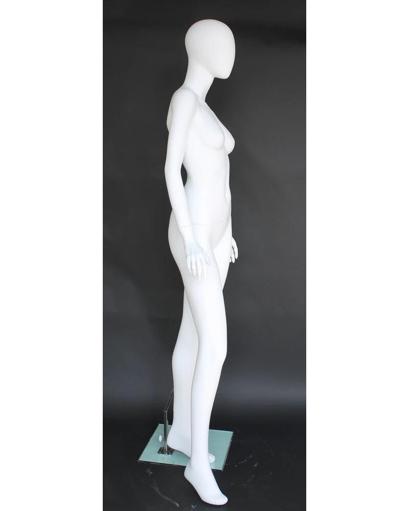 Open-arm leaning egghead female mannequin in matte white