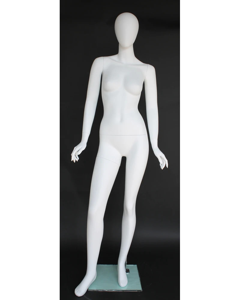 Open-arm leaning egghead female mannequin in matte white