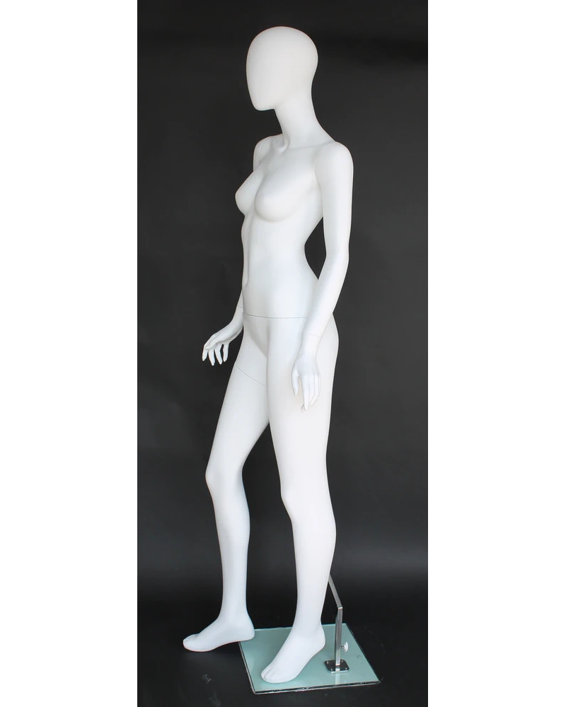 Open-arm leaning egghead female mannequin in matte white