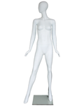 Bold geometric egghead female mannequin in matte white, front view