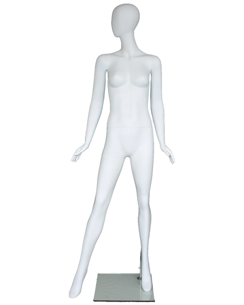 Bold geometric egghead female mannequin in matte white, front view