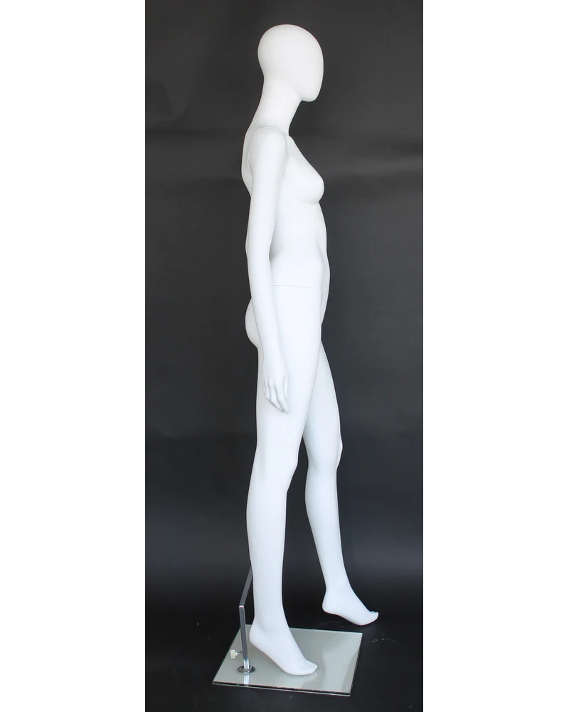 High-fashion standing egghead female mannequin in matte white