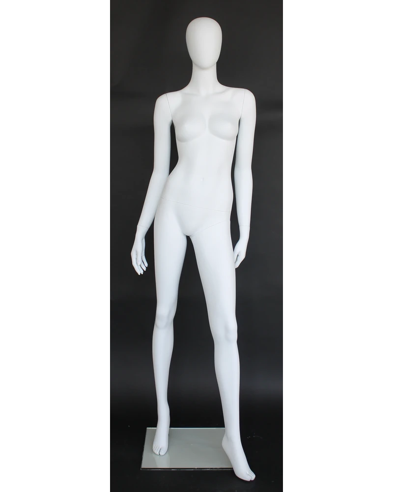 High-fashion standing egghead female mannequin in matte white
