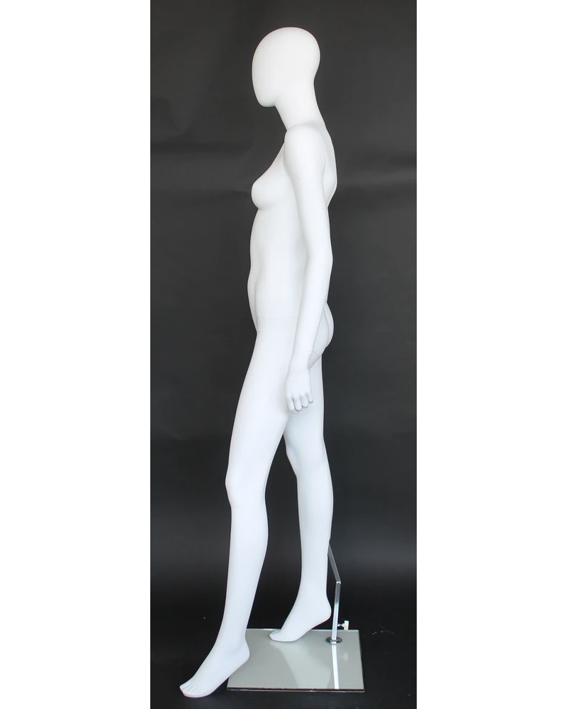 High-fashion standing egghead female mannequin in matte white
