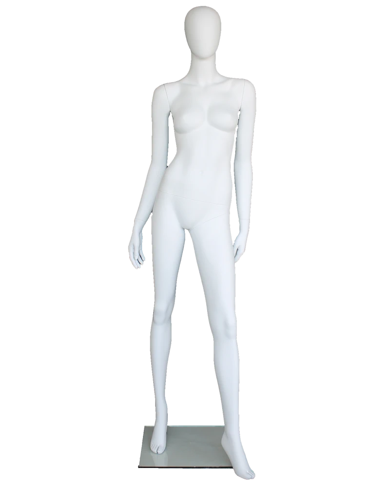 High-fashion standing egghead female mannequin in matte white, front view